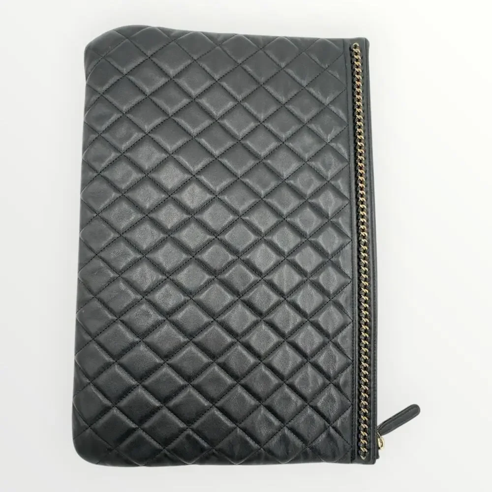 Large O Case Black Quilted Lambskin Zip Pouch Gold CC Clutch Bag